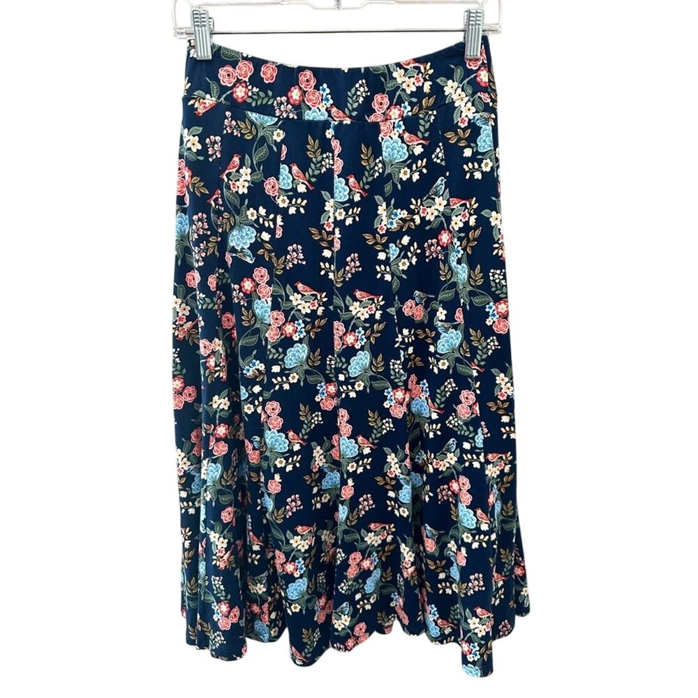 JODY CALIFORNIA Navy Blue Floral A-Line Skirt Soft Knit Stretch Made in USA | XS